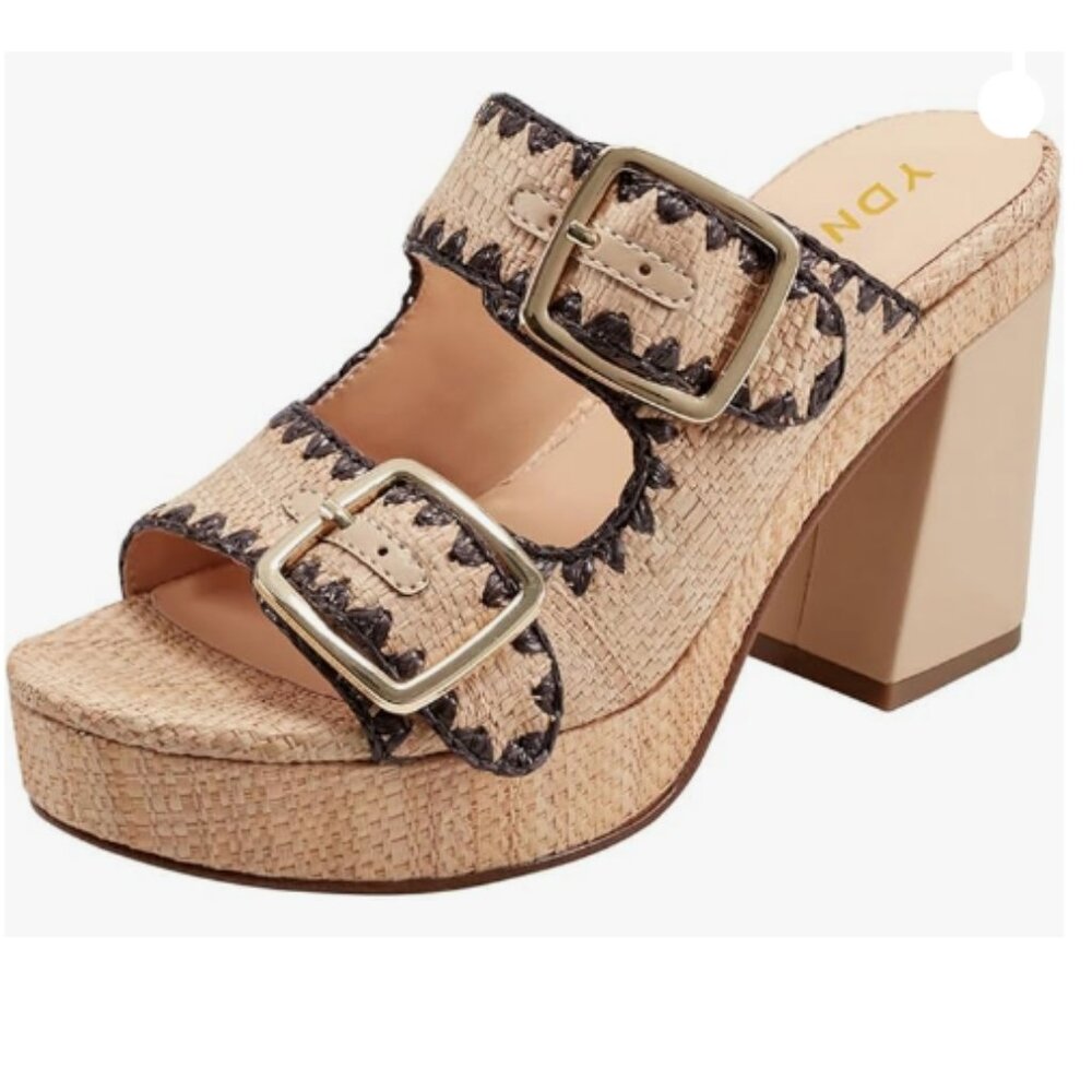 YDN Khaki Platform Open Toe Slip On Mules High Heel Double Strap Buckle Sandals